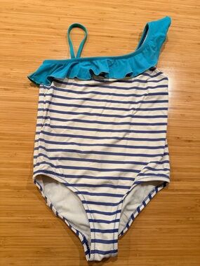 Garnet Hill Blue-Striped One-Shoulder Swimsuit with Teal Ruffle